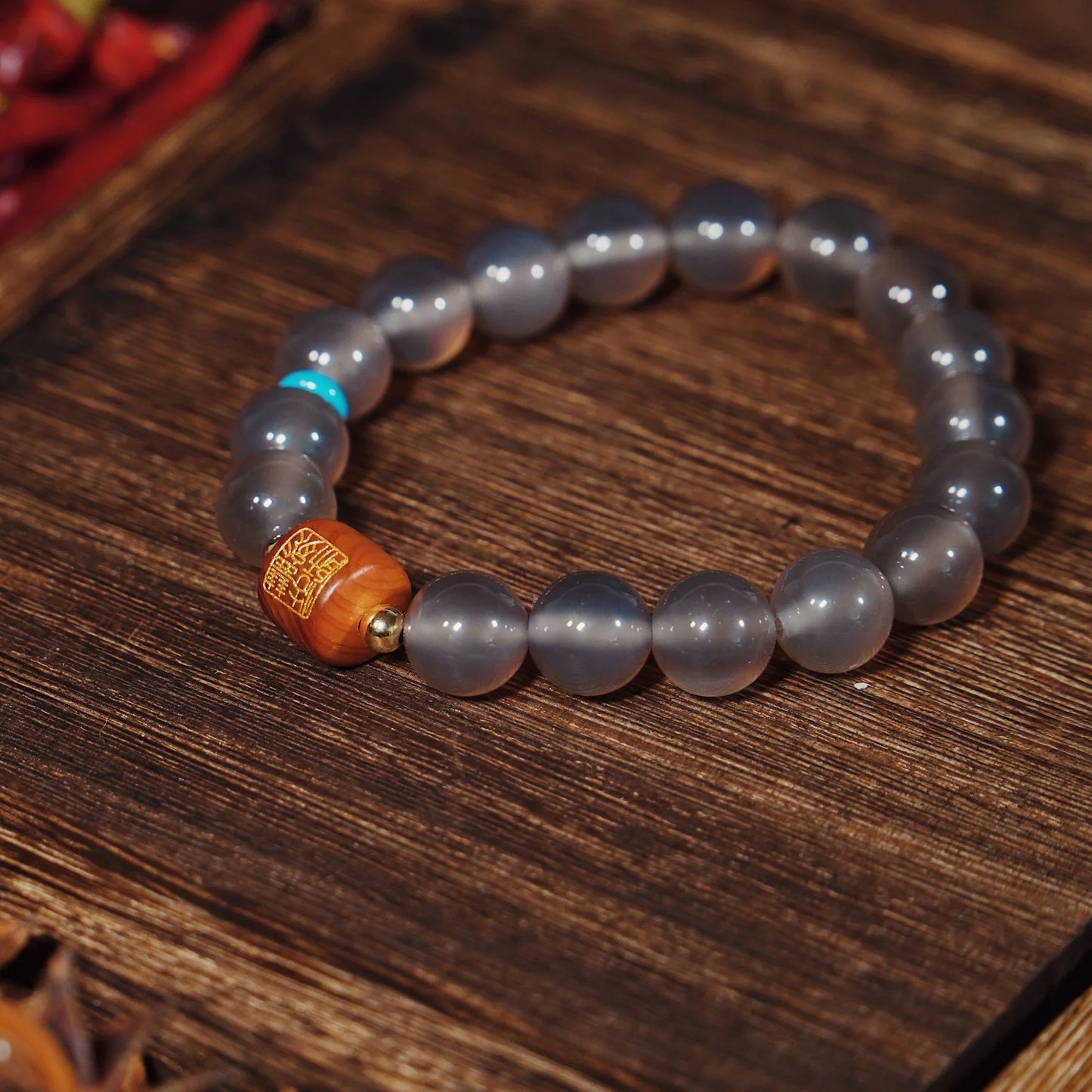 Glacial Agate & Cypress Bracelet - Protection Energy Mala with Turquoise & 14K Gold - karmafu