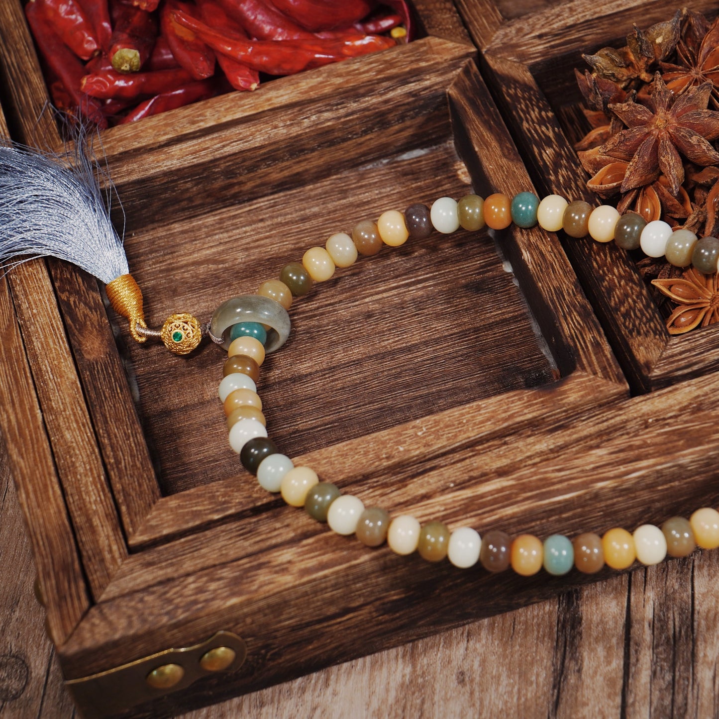 Rainbow Bodhi Mala - 54 Beads Peace Chakra Necklace with Fluorite Energizer - karmafu