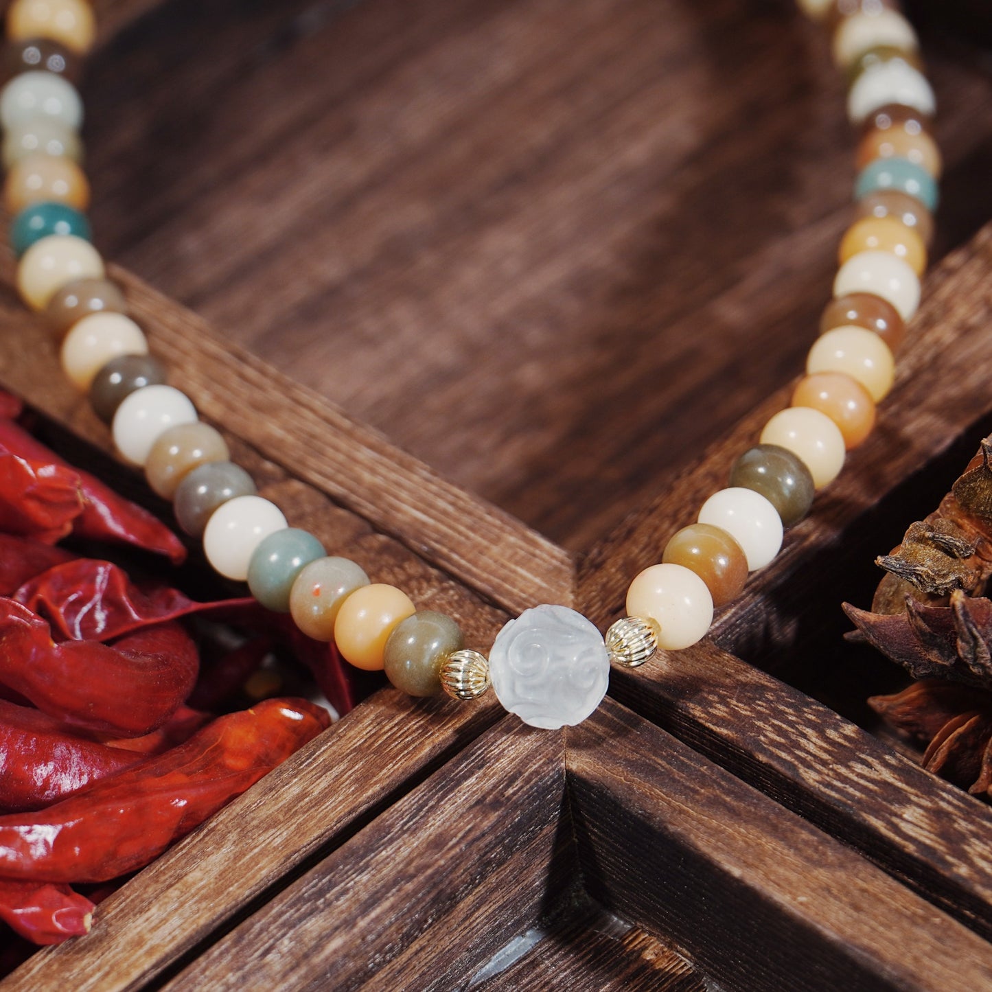 Rainbow Bodhi Mala - 54 Beads Peace Chakra Necklace with Fluorite Energizer - karmafu