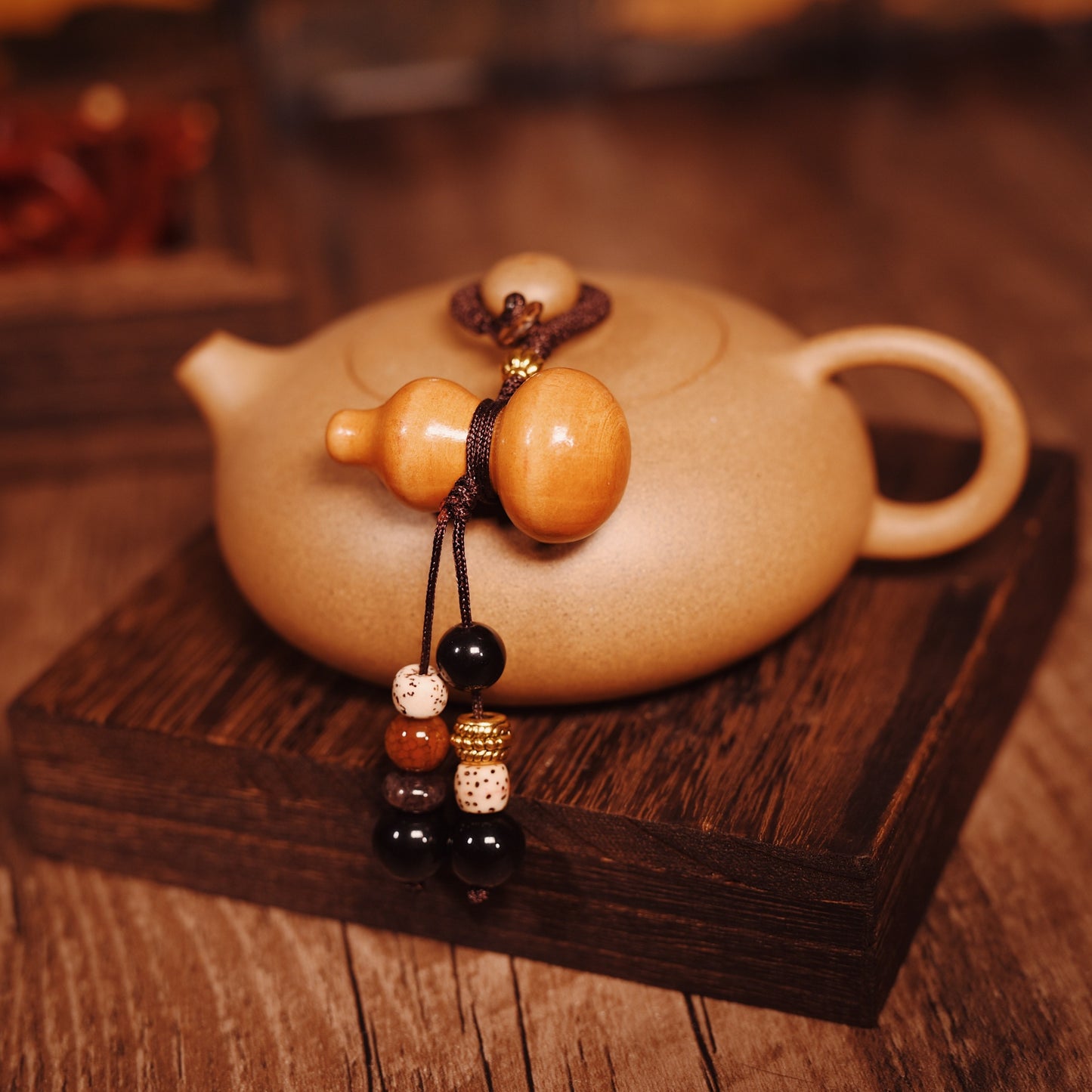 Sacred Peach Wood Gourd Amulet - Double Blessing Talisman with Tourmaline & Bodhi Seed for Home/Car Protection - karmafu