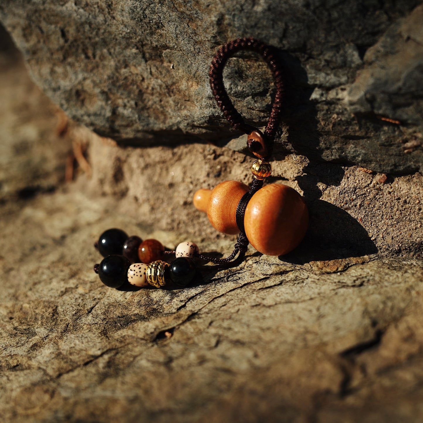 Sacred Peach Wood Gourd Amulet - Double Blessing Talisman with Tourmaline & Bodhi Seed for Home/Car Protection - karmafu