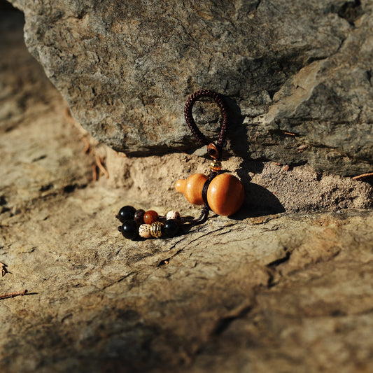 Sacred Peach Wood Gourd Amulet - Double Blessing Talisman with Tourmaline & Bodhi Seed for Home/Car Protection - karmafu