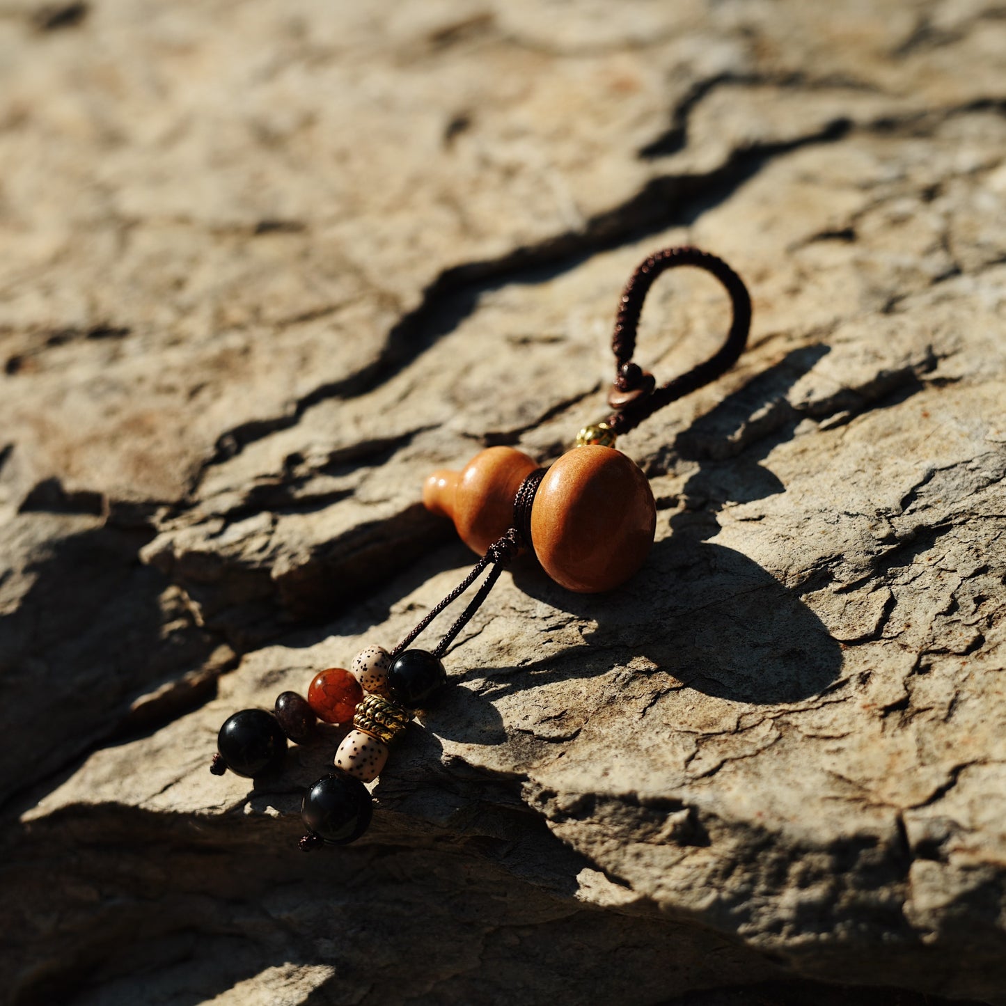 Sacred Peach Wood Gourd Amulet - Double Blessing Talisman with Tourmaline & Bodhi Seed for Home/Car Protection - karmafu