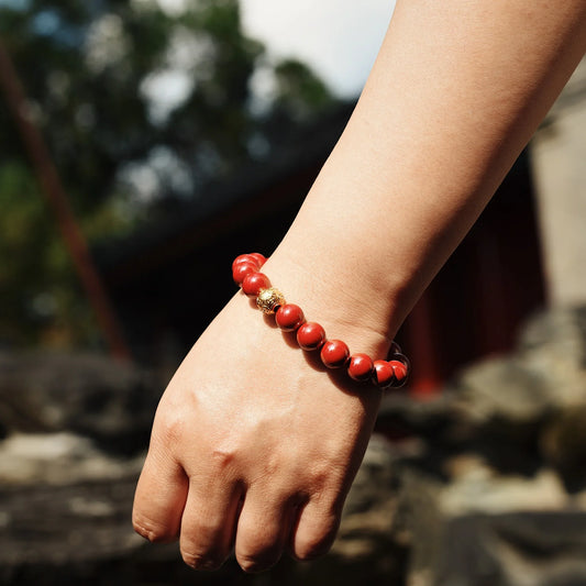 Fire Element Cinnabar Bracelet - Imperial Sand Talisman for Women's Birth Year with Gold-Alloy Bead - karmafu