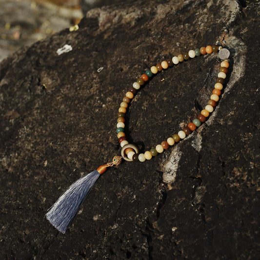 Rainbow Bodhi Mala - 54 Beads Peace Chakra Necklace with Fluorite Energizer - karmafu