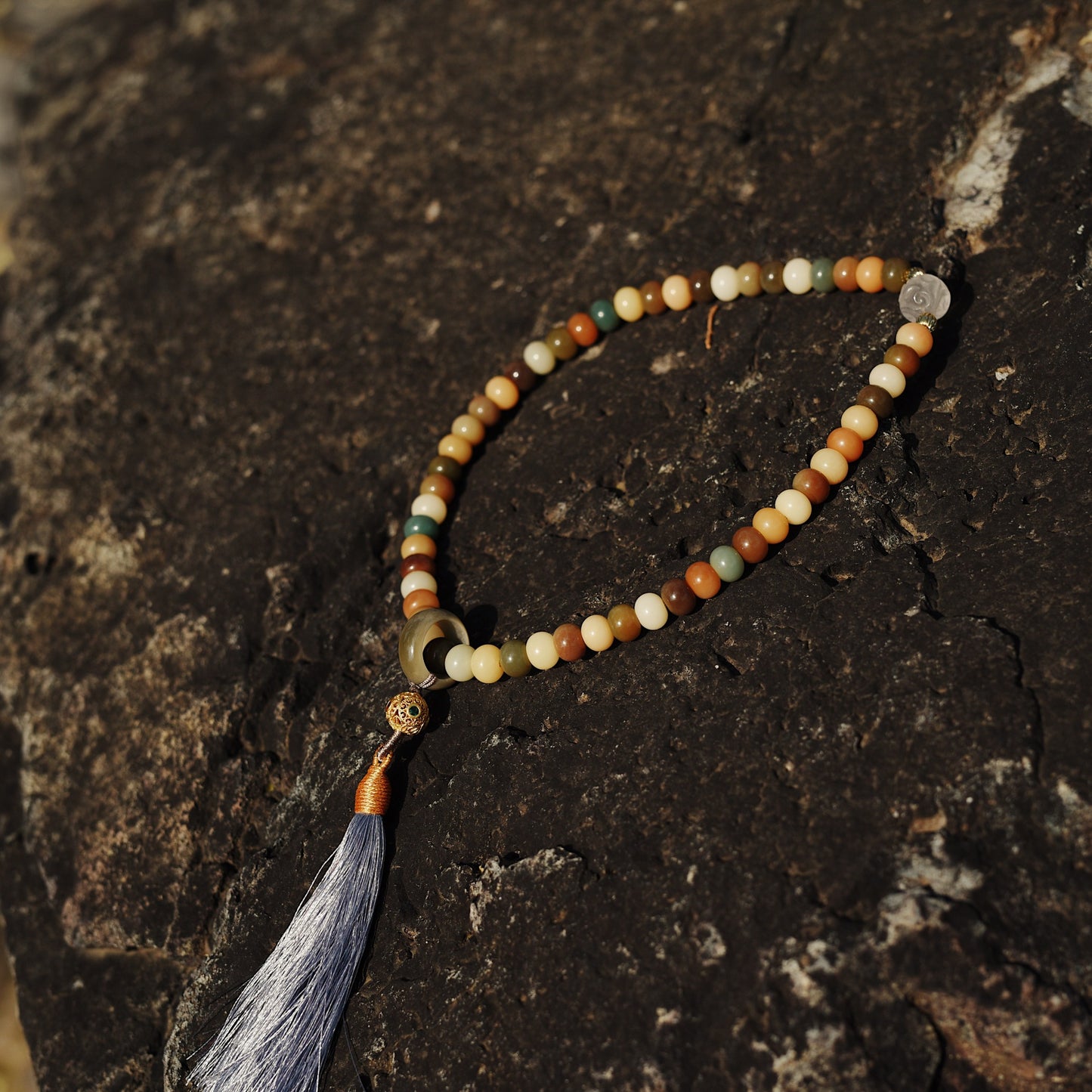 Rainbow Bodhi Mala - 54 Beads Peace Chakra Necklace with Fluorite Energizer - karmafu