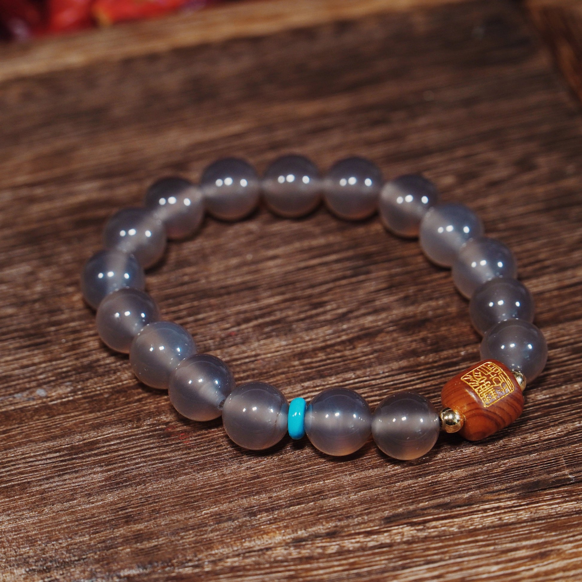 Glacial Agate & Cypress Bracelet - Protection Energy Mala with Turquoise & 14K Gold - karmafu