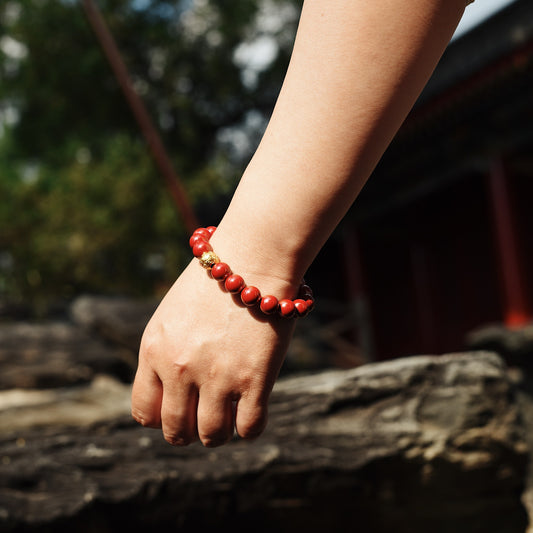 Fire Element Cinnabar Bracelet - Imperial Sand Talisman for Women's Birth Year with Gold-Alloy Bead - karmafu